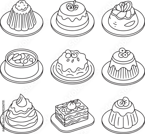 Outline Vector Set: Isolated Puddings, Cakes, and Sweet Pastry Desserts