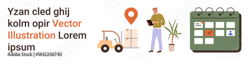 Logistics, delivery planning, supply chain, warehouse management, inventory tracking, operation scheduling. Forklift carrying boxes, a clipboard and calendar with marked date. Logistics and delivery