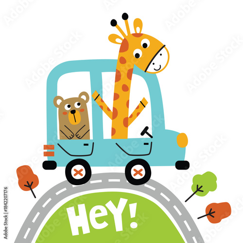 Giraffe and bear happily driving car down road together. Kids adventure concept
