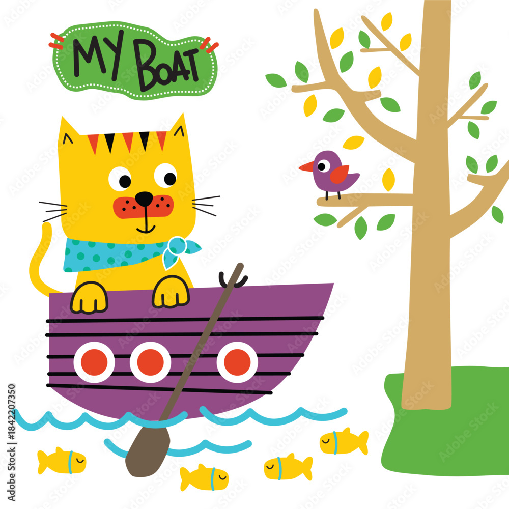 Obraz premium Cute cat sailing small boat on river with trees illustration. Kids adventure concept 