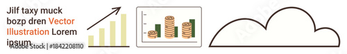 Business growth, data report, finance analysis, online storage, cloud technology, economic visualization. A rising chart, coin stack graph and cloud symbol. Business growth and data report concept