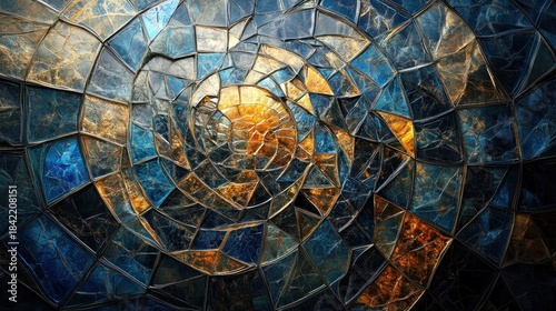 Detail of an Islamic mosaic tile, Zellige style, geometric patterns radiate a soothing, fractal energy, surface has a liquid-like sheen