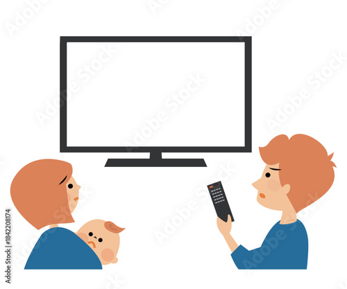 テレビ画面を見て驚く家族　イラスト素材