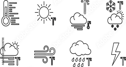 Weather icons set in outline style . Rainy, storm, snow, cloudy, sunny, windy, day, night, summer, winter, line, label and more 