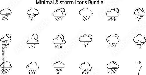 Weather icons set in outline style . Rainy, storm, snow, cloudy, sunny, windy, day, night, summer, winter, line, label and more 