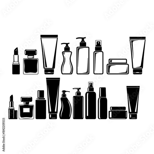 set of containers for cosmetics. Black silhouette of cans and bottles. silhouette