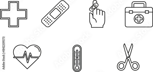 Healthcare set of web icons in outline style Containing healthcare, doctor, hospital, medical services, vaccine, hygiene, healthy lifestyle, health awareness and more.