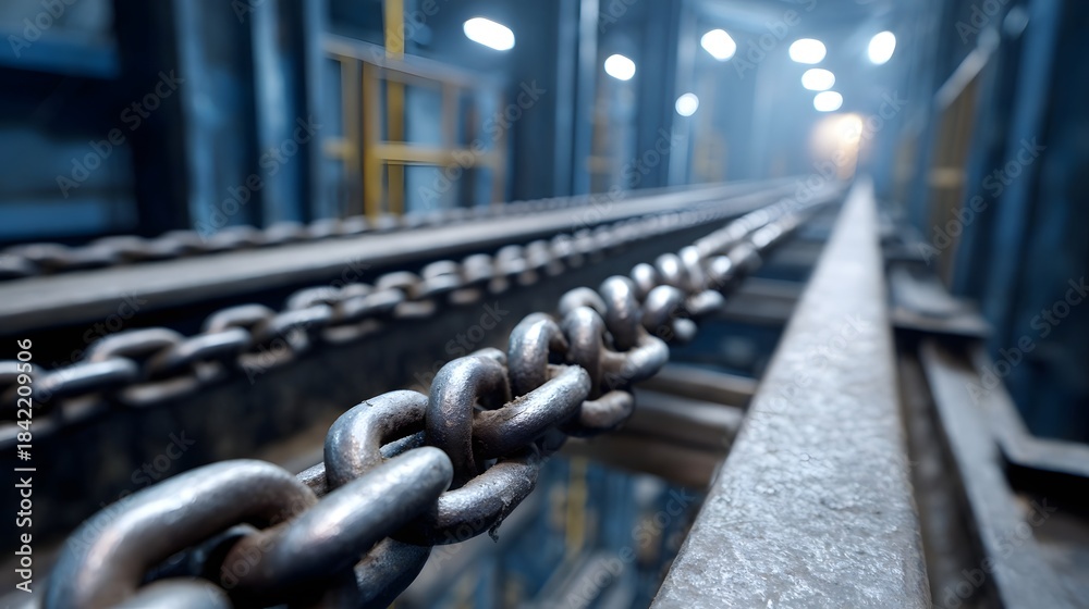 Naklejka premium Heavy metal chains on industrial rails receding into a dimly lit facility