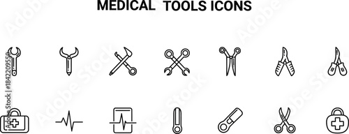 Medical Tool Icon Set – Vector Line Art for Healthcare, Surgery, and Clinical Equipment"