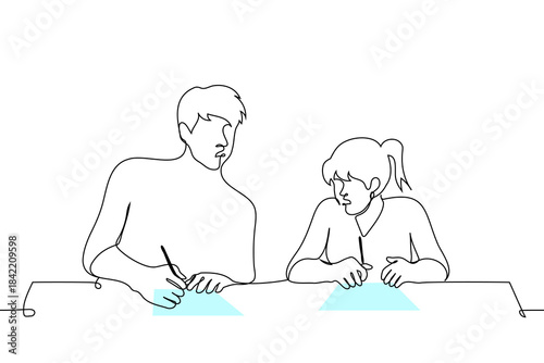 male and female students taking a test, appearing unsure, holding pens over blank sheets, and glancing at their classmate's answers - one continuous line art