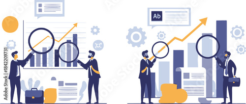 Businessmen analyzing financial data and growth charts with magnifying glasses.