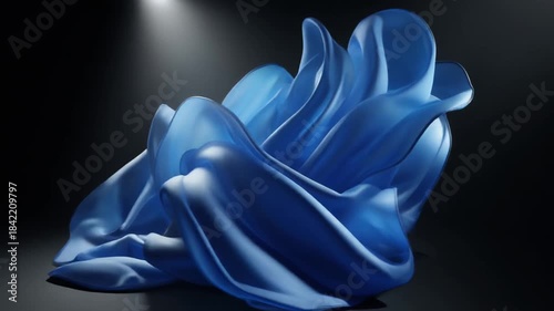 Abstract Blue Flowing Fabric Sculpture with Smooth Glossy Folds, Modern Minimalist Digital Art on Dark Background