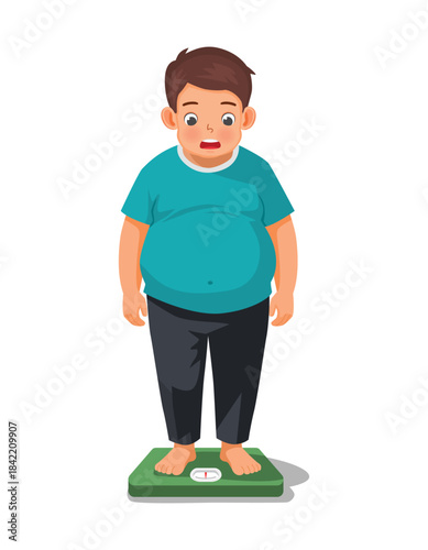 Overweight man standing on weight scale surprised with his weight gain 