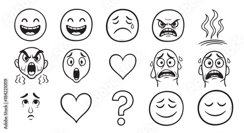 Black and White Emoji Set Expressing Various Emotions and Feelings