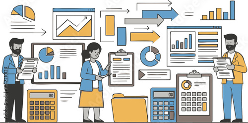 Business professionals analyzing financial data and charts with calculators and folders.