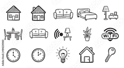 Black and white house furniture and clock doodles for home illustration