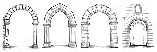 Stone Arch Frame Illustration Featuring Fantasy Portal Doorway And Medieval Ruin Architecture In Detailed Engraved Ink Style