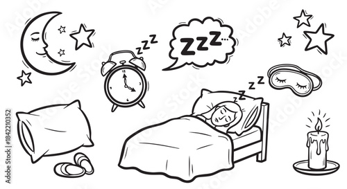 Doodle art illustration showing symbols related to sleeping and bedtime