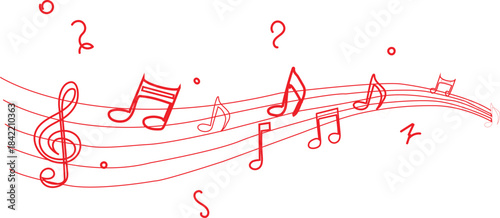 hand drawn  abstract graphic featuring red musical notes and symbols flowing across a musical staff vector illustration, 