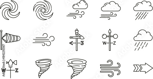 Weather icons set in outline style . Rainy, storm, snow, cloudy, sunny, windy, day, night, summer, winter, line, label and more 