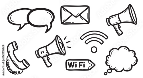 Doodle communication set representing phone call announcement and speech bubbles