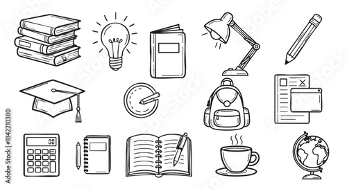 Doodle Education elements illustration of knowledge study and graduation learning