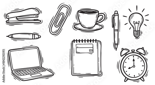 Doodle illustration of office stationery tools and laptop on white background
