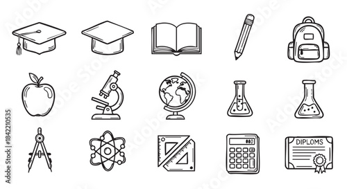 Education and Science Hand Drawn Doodle Set with graduation cap and microscope