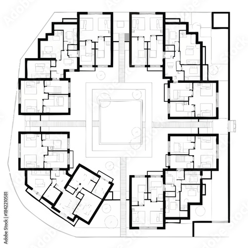 Architectural Floor Plan of a Multi-Unit Residential Building with Central Courtyard.