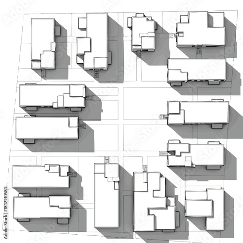 Aerial View of Urban Residential Buildings Showing Roof Structures and Street Layout.