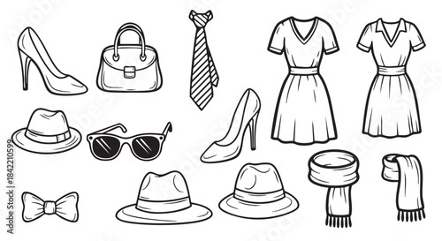 Fashionable collection of accessories and garments vector illustration black and white