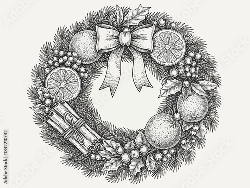 Hand Drawn Festive Wreath with Citrus and Winter Greens