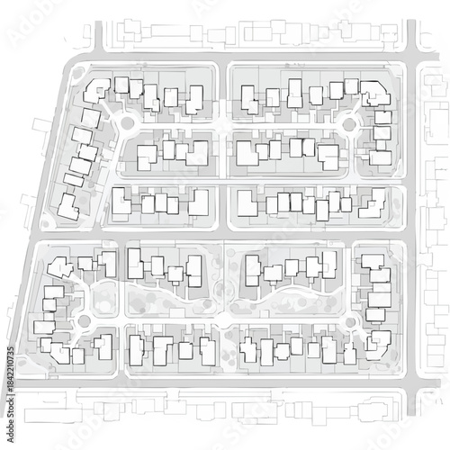 Urban Blueprint: A meticulous architectural blueprint showcases a meticulously planned urban district, highlighting the harmonious interplay of structures and green spaces.