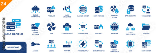 Data center icon. Includes data storage, server security, cloud, internet connectivity, cooling systems. Solid vector icon set.