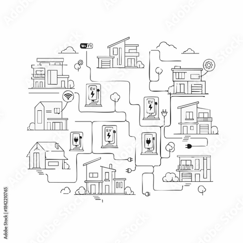Illustration of interconnected houses with various animals and trees in a neighborhood setting.