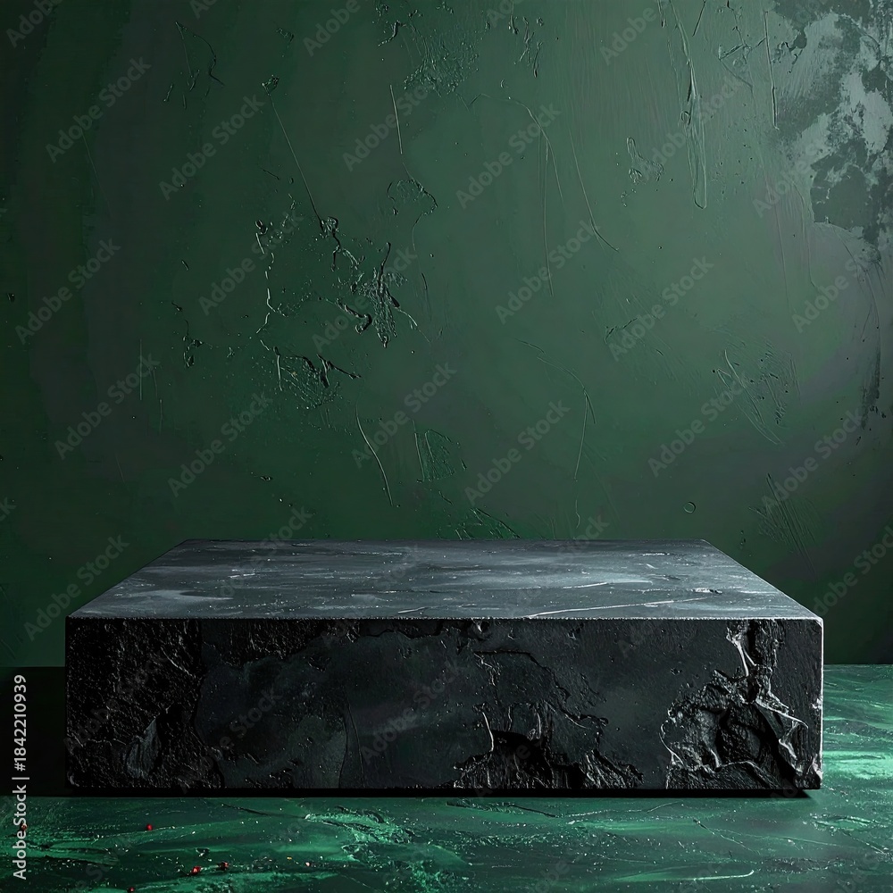 custom made wallpaper toronto digitalDark, textured, square stone podium against a deep green textured wall