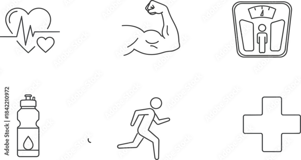 Naklejka premium Fitness Icon Bundle – Vector Line Art for Gym, Exercise, and Healthy Lifestyle