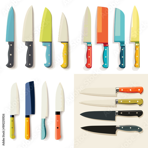 Kitchen knife illustration collection with colorful handles and sharp blades arranged neatly ideal for cooking education culinary branding restaurant visuals and kitchen equipment design.
