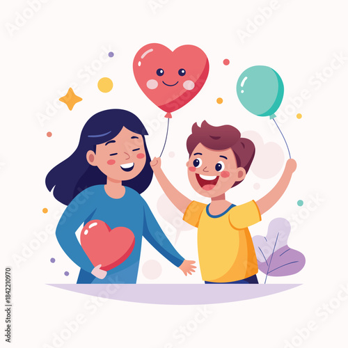 Happy mother and son with heart and balloons family love