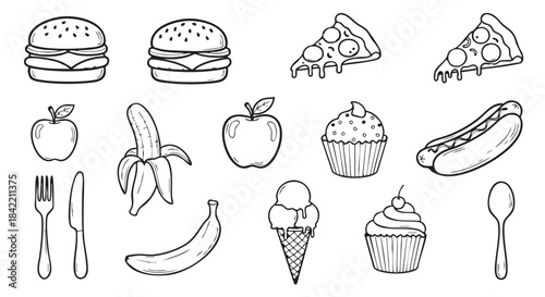 Monochrome seamless pattern with burgers fruits and cutlery for restaurant menu