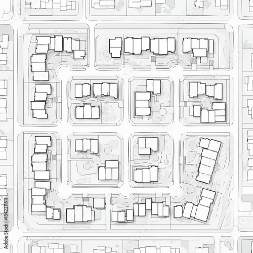 Urban Planning and Architectural Design: An overhead view showcases a detailed urban plan, illustrating building layouts within a structured city grid. A study in design.