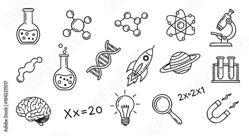 Science Learning Concept with Flasks Molecules Brain and DNA Model