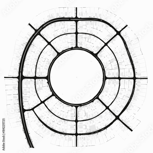 Abstract black and white circular road map design with radial and concentric streets.