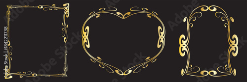 Elegant gold ornamental frames set on black background.  Three decorative gold frames—circular, rectangular, and arched—designed for luxury invitations, labels, borders, and elegant graphic design. 
