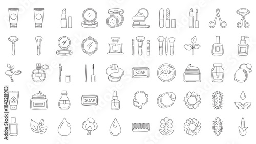A comprehensive collection of handdrawn outline beauty and cosmetic icons for personal care and hygiene products