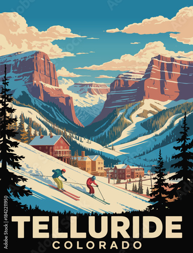Ski Resort Illustration With Snowy Mountain Peaks, Canyon Cliffs, Alpine Village, And Skiers On Slope In Classic Travel Poster Art Style