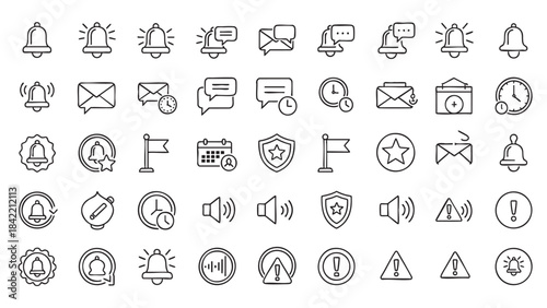A comprehensive collection of line art user interface icons for notifications messages warnings and general digital applications