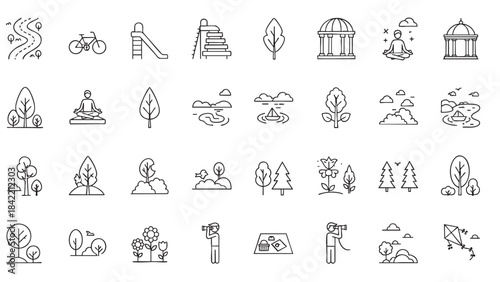 A comprehensive collection of nature outdoor park and leisure activity line icons featuring trees meditation and recreational elements