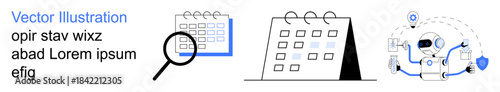 Scheduling, task management, automation, productivity tools, artificial intelligence, and time tracking. Calendar icons and robotic assistant illustration. Scheduling and automation concepts