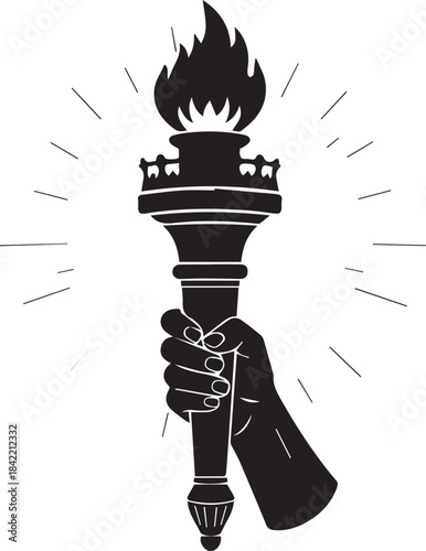 Hand holding a burning torch with radiating light in a graphic illustration style